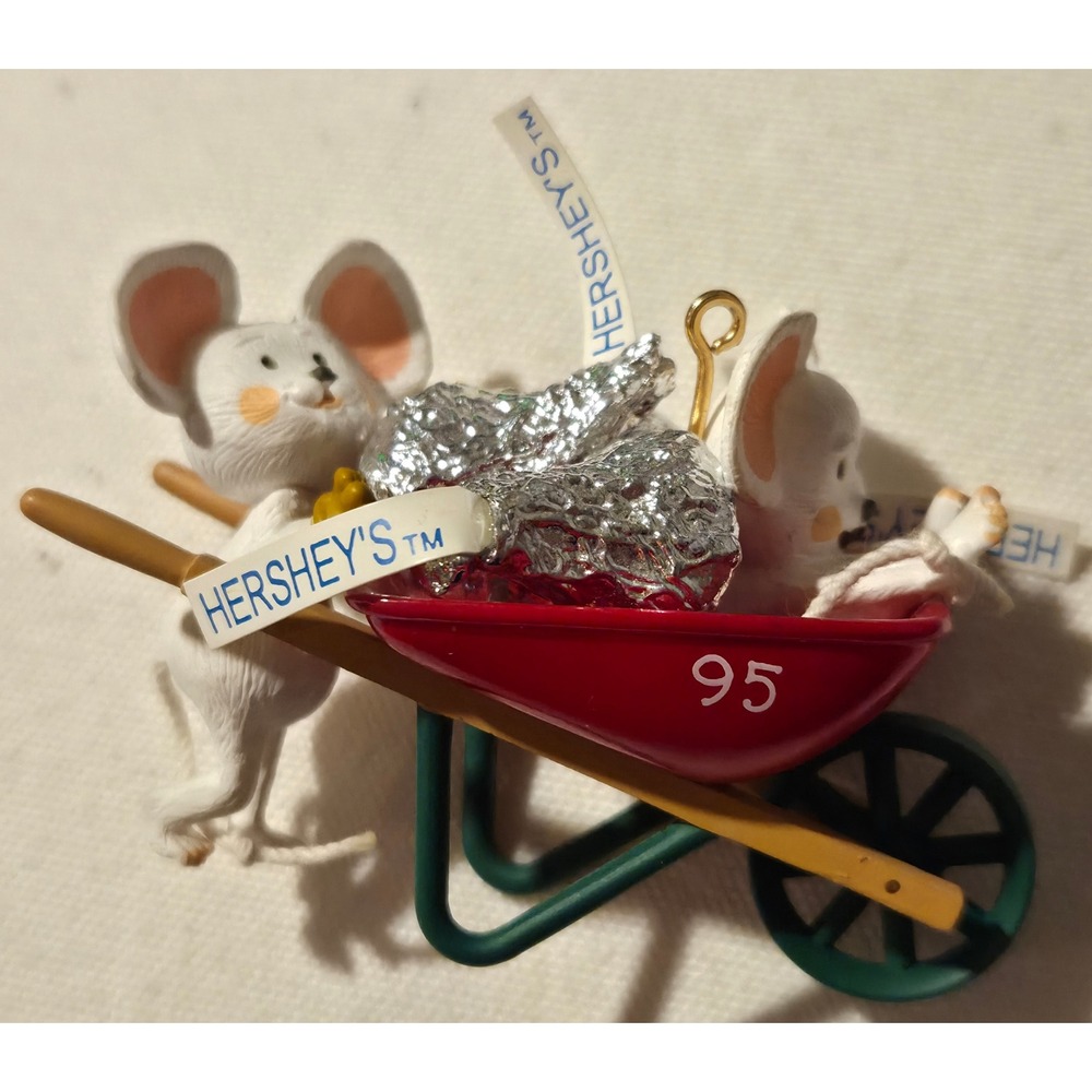 Vintage 1995 Hallmark Keepsake Hershey's Kisses Mice Wheelbarrow Ornament 95